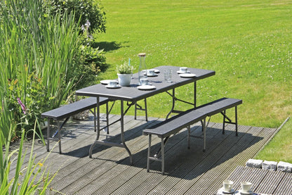 3tlg. Gartentisch Set Sitzgruppe Bank Bänke Esstisch Tisch Rattan Optik schwarz