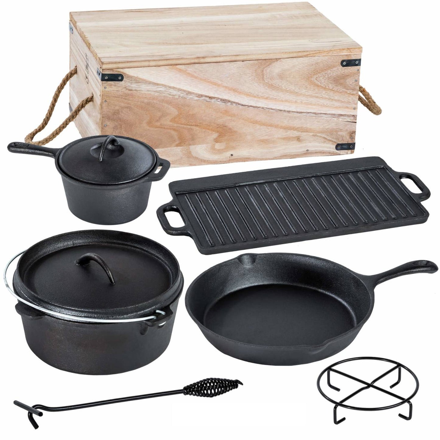 7tlg. Dutch Oven Set Gusseisen Guss Topfset Topf Pfanne Camping Grill Platte BBQ