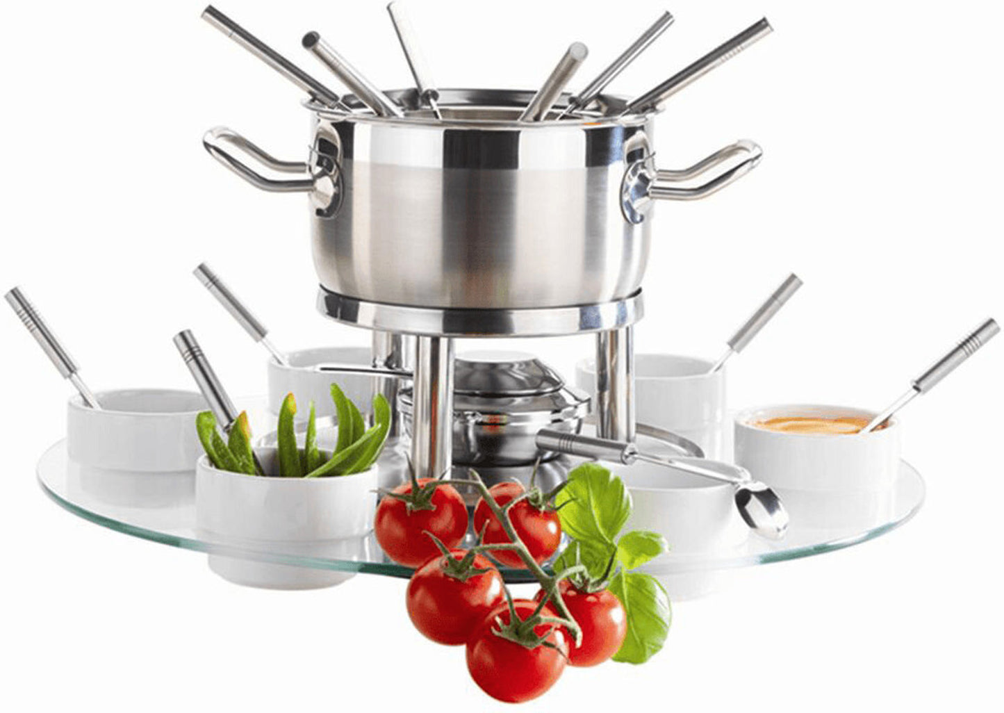 Fondue-Set aus Edelstahl 23-teilig mit Drehteller Fondue 6 Personen silber