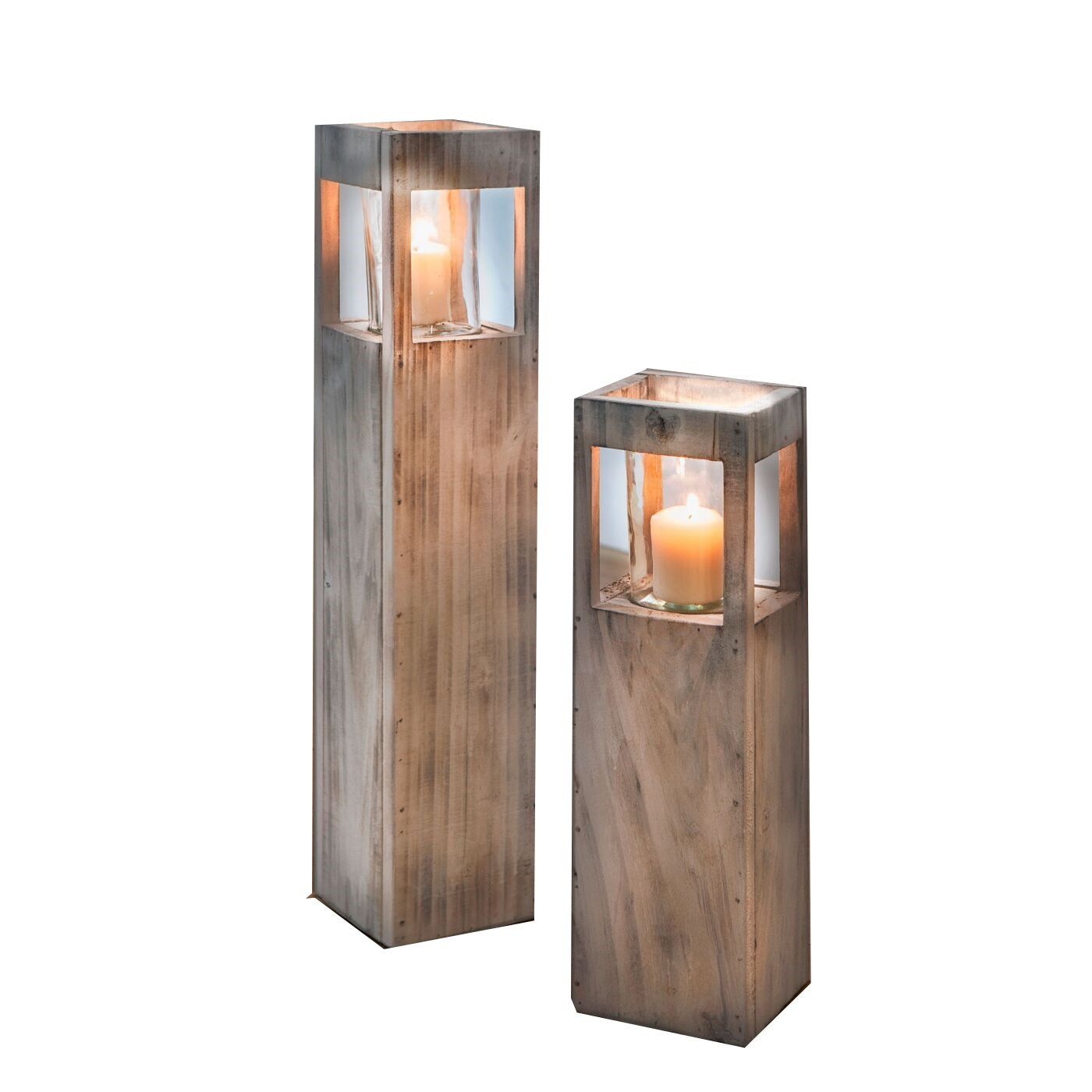 2tlg. Set Shabby Holz Windlicht 70 / 50cm Säule Bodenwindlicht Deko Kerzenhalter